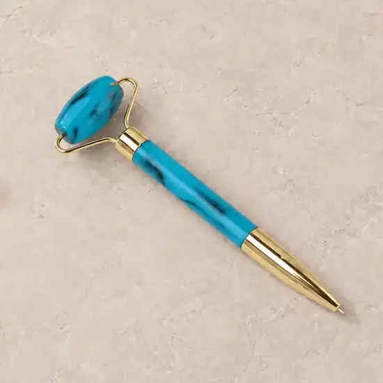 Resin Face Roller Pen Blue with Gold Bracket